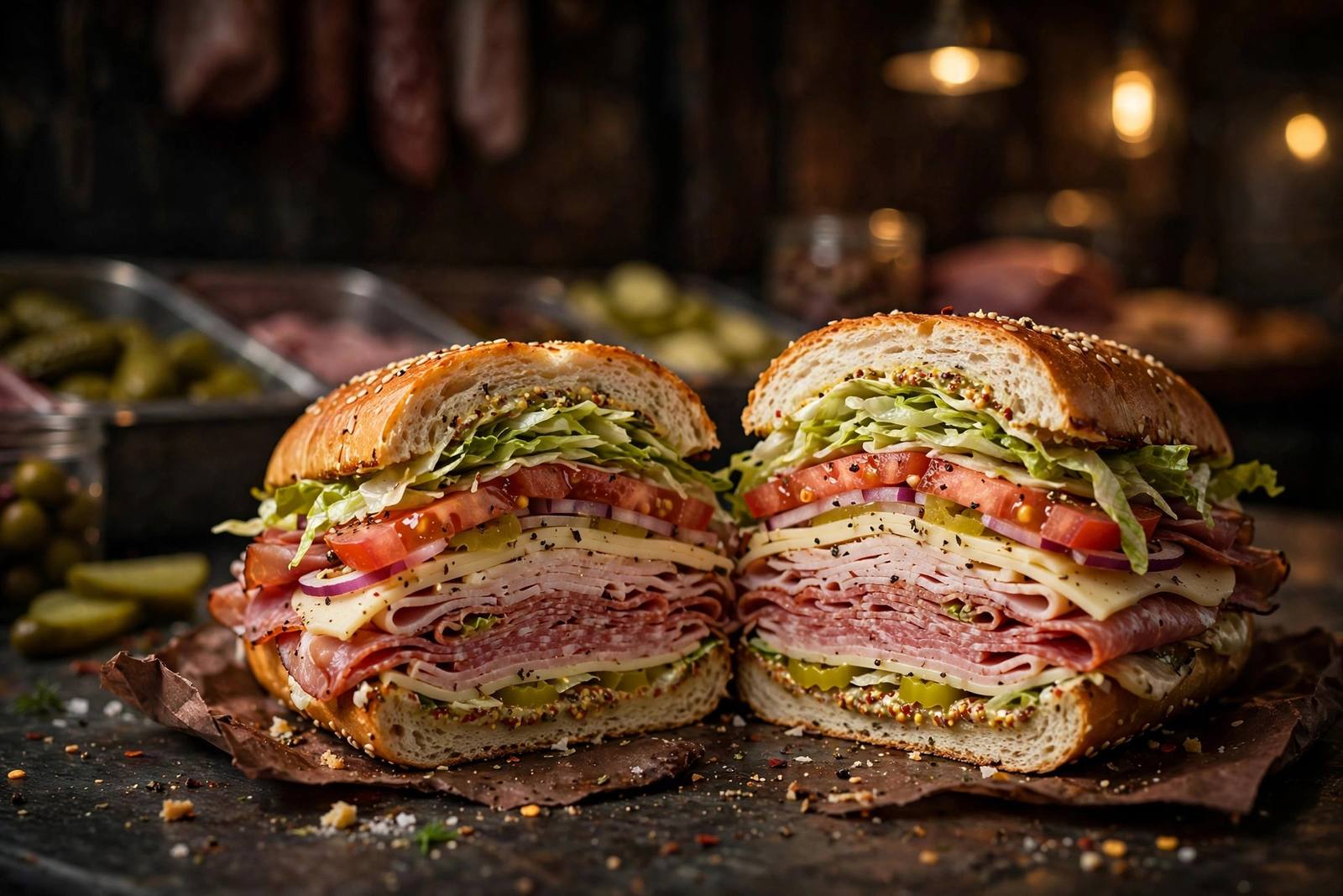 Loaded deli hero sandwich cut in half