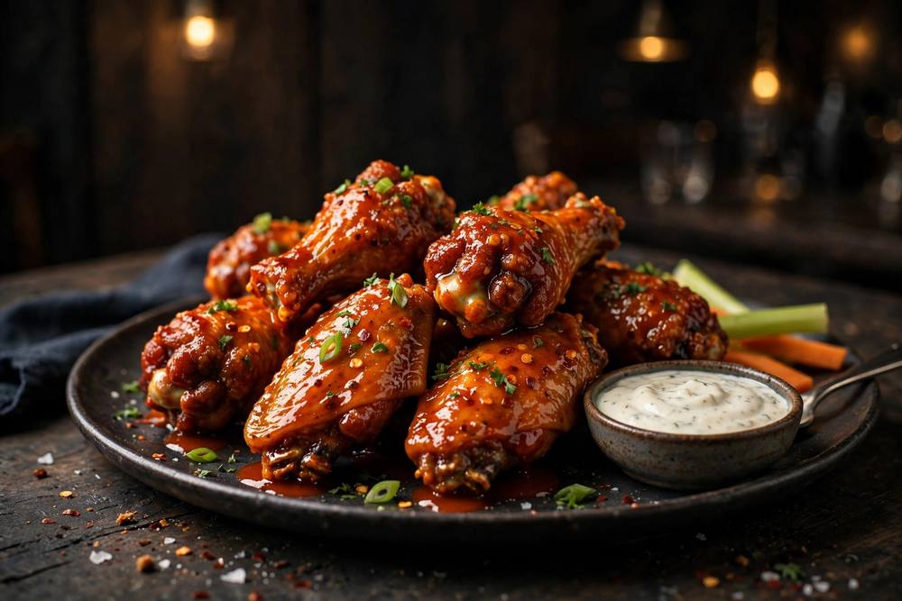 Plate of buffalo hot wings with ranch